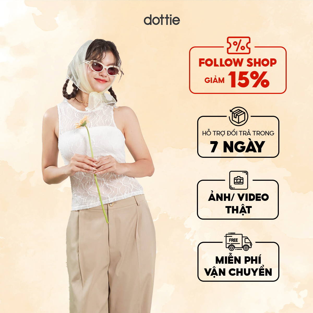 Dottie - áo sát nách vải ren - trắng - t0803