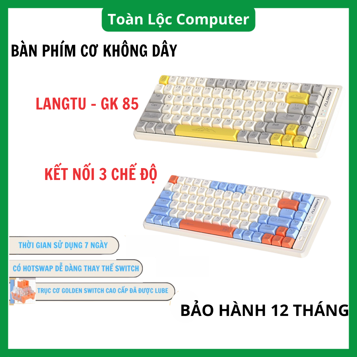 Bàn phím cơ không dây LANGTU GK85 GoldenSwitch có hotwaps 3 chế độ kết nối Pin Dùng liên tục 7 ngày bảo hành 12 tháng-Toàn Lộc Computer