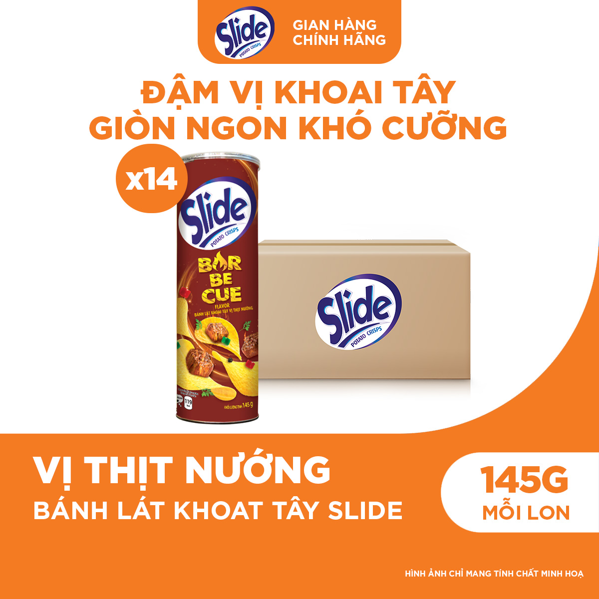 Thùng 14 Lon Bánh Lát Snack Khoai Tây Slide Vị Thịt Nướng 145g