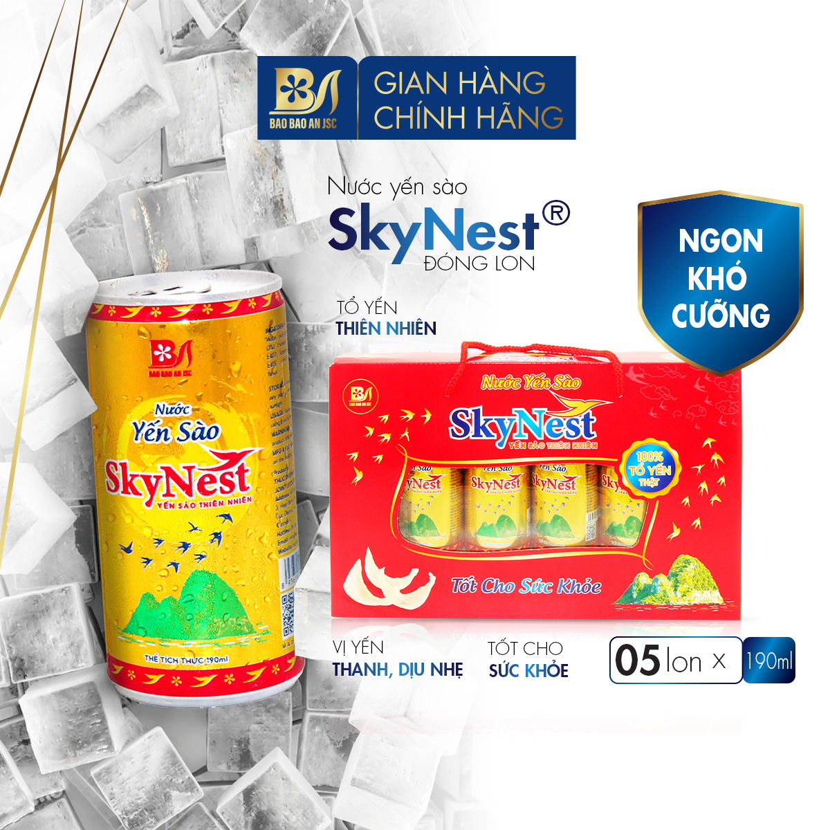 Nước Yến Sào SkyNest 3% Tổ Yến thật, Hộp quà ngang 5 lon x 190ml, Giải khát nhanh gọn Bảo Bảo An JSC