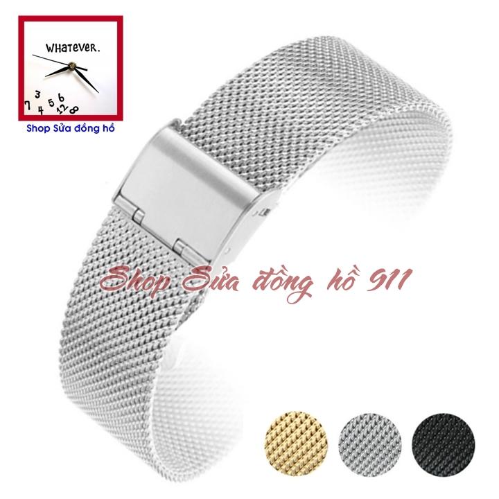 Dây kim loại đồng hồ nữ kiểu lưới đan mịn - Màu Trắng Silver. Size 12, 14, 16, 18mm