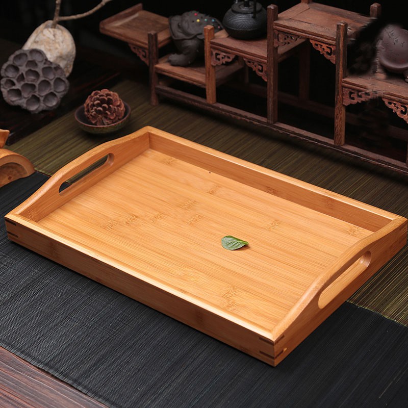 Khay gỗ tre đựng trà đạo, khay đựng thức ăn hình chữ nhật có tay cầm cong - snf bamboo and craft