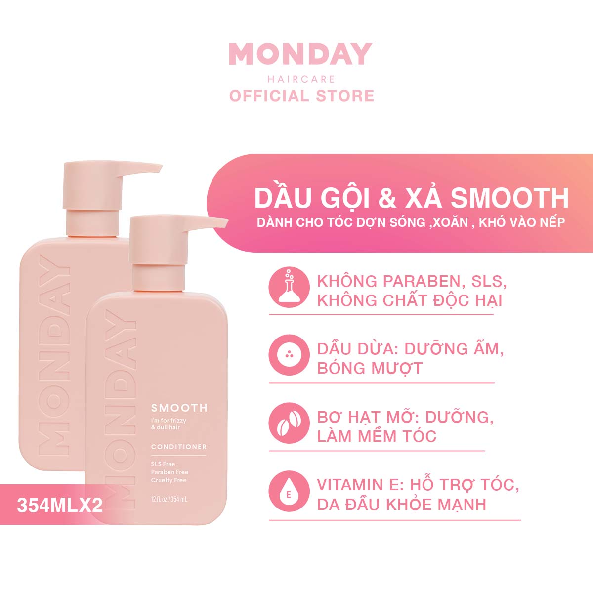 Combo Gội Xả dành cho tóc uốn, tóc xoăn, tóc dợn sóng và khó vào nếp Monday Smooth 354ml