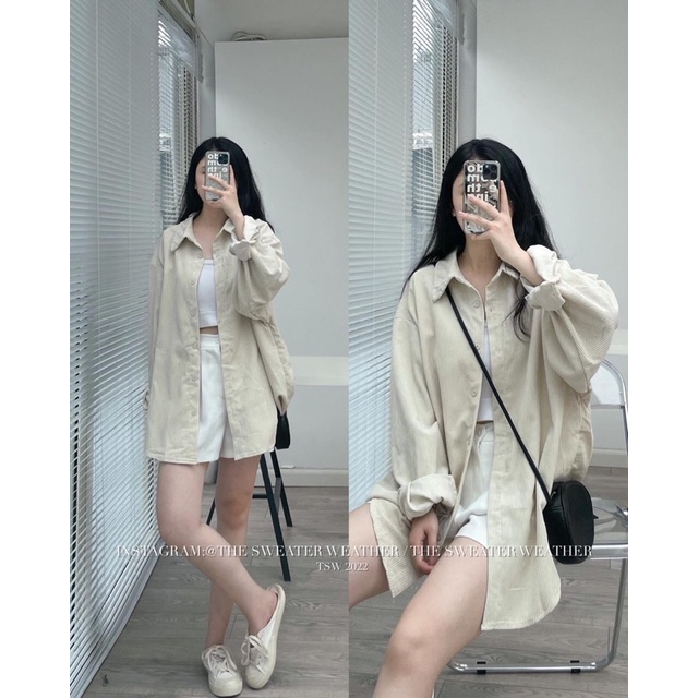 Áo Sơ Mi Chất Nhung Tăm Nam Nữ Form Rộng Nâu Be Siêu Hot