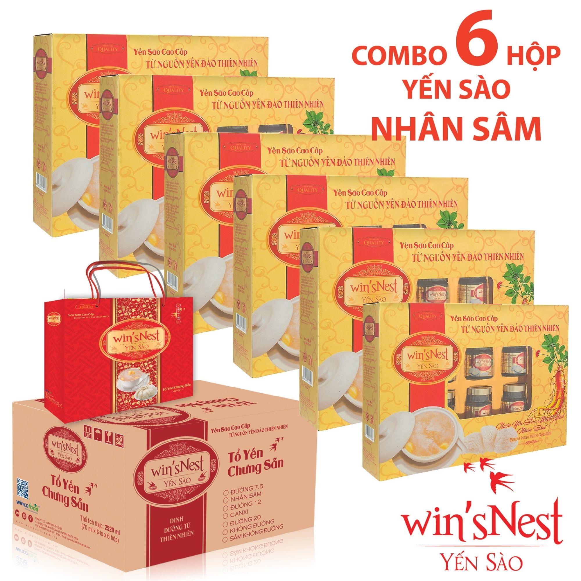 (Hộp quà) Combo 6 hộp nước yến sào win'sNest nhân sâm (6 Lọ x 70 ml / Hộp) thích hợp cho người lớn và người bệnh trong quá trình hồi phục sức khỏe (TẶNG KÈM TÚI XÁCH)