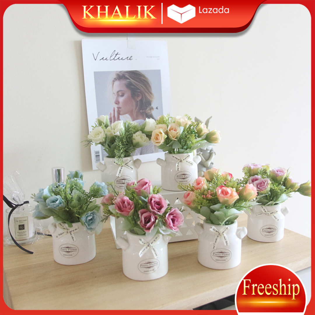 Hoa giả trang trí để bàn đẹp, chậu hoa hồng lựu cao cấp bình sứ hình chai sữa KHALIK - HF010  (nhiều màu lựa chọn)