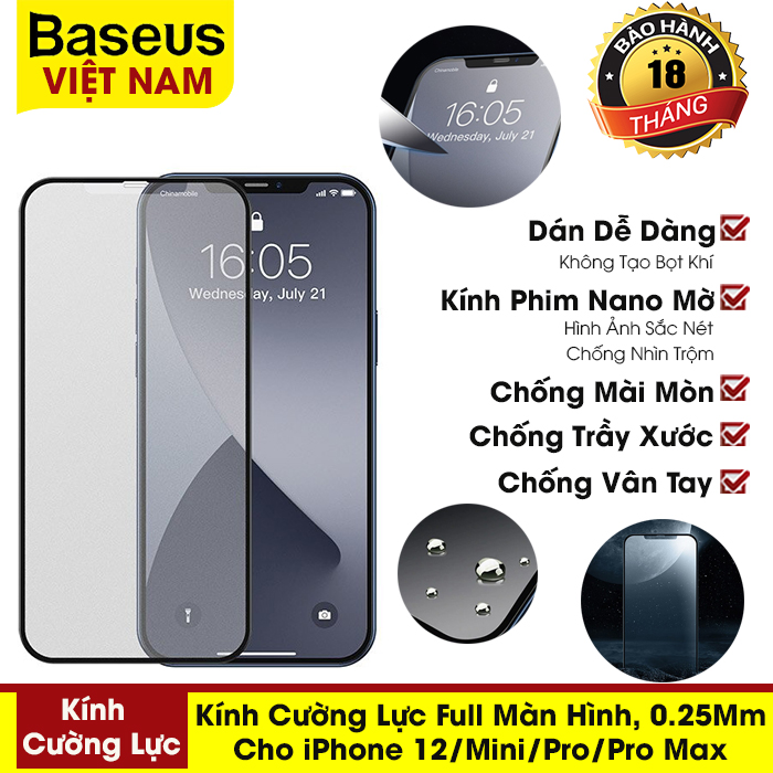 2 Kính cường lực Baseus cho iPhone  12-mini-pro-promax kính phim 0.25Mm full bao da bảo vệ mà hình - phân phối chính hãng tại Baseus Việt Nam