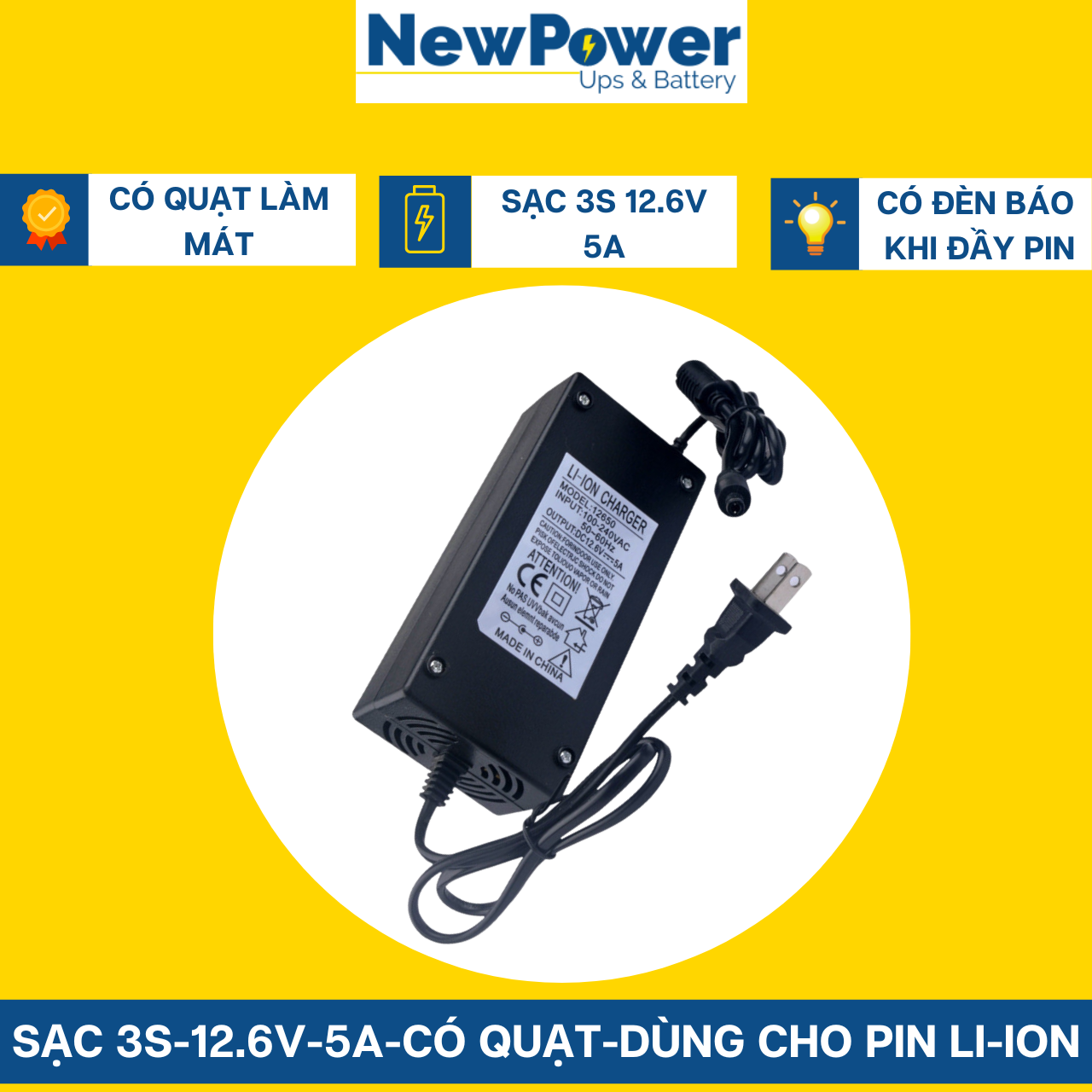 Sạc 3s 12.6v-5a dùng cho pin li-ion -có quạt- có đèn báo đầy pin