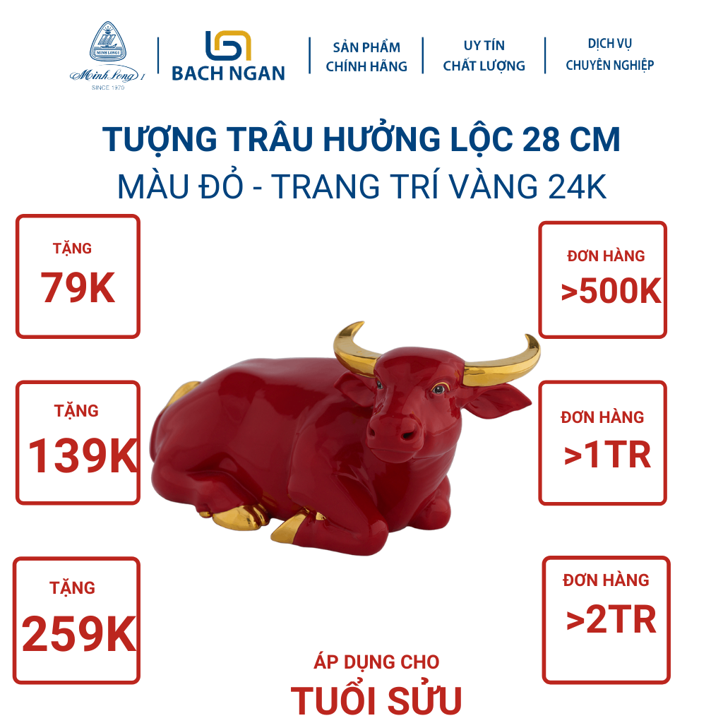 Tượng Trâu Minh Long Hưởng Lộc 28 cm nhiều màu, Trang Trí Vàng 24K đẹp, sang trọng quà tặng cao cấp, trang trí nội thất
