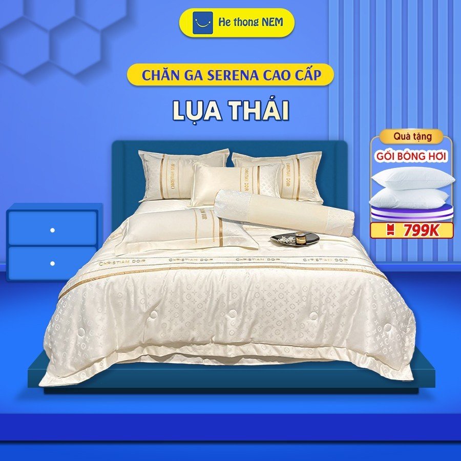 Bộ chăn ga gối đệm 5 món cao cấp Phi Cotton lụa Thái thoáng mát, hoa văn chìm SERENA chính hãng