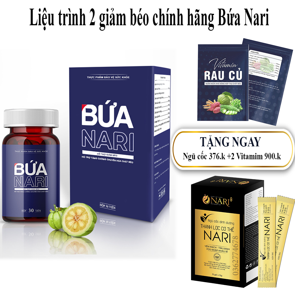 Liệu trình 2 giảm cân bứa Nari tặng ngũ cốc dinh dương 376k và 2 vitamin rau củ 900k 2 hộp 60 viên