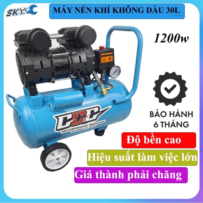 Máy nén khí không dầu 30L 1200W - 2 đầu nạp hơi - Nạp khí siêu nhanh - Tự động nạp ngắt khí - Không gây ồn - Bơm xịt hơi / phun sơn / bắn đinh | May nen khi, máy bơm hơi, máy nén hơi, máy nén mini