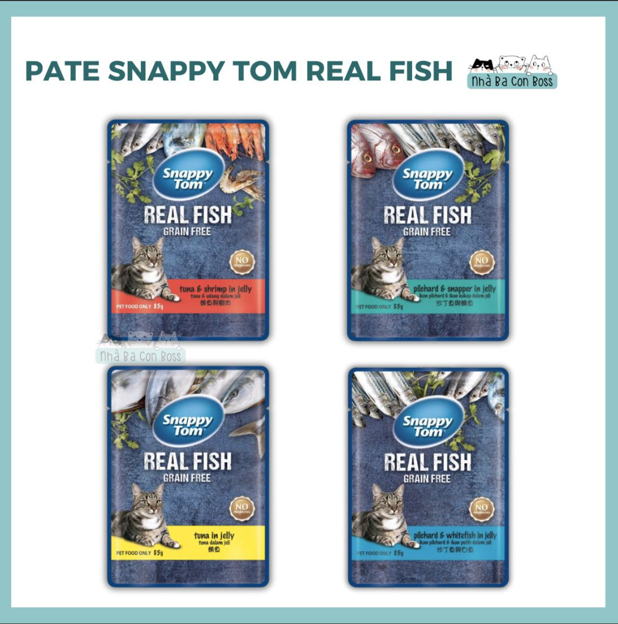 Pate cho mèo snappy tom real fish/ meat jelly 85g