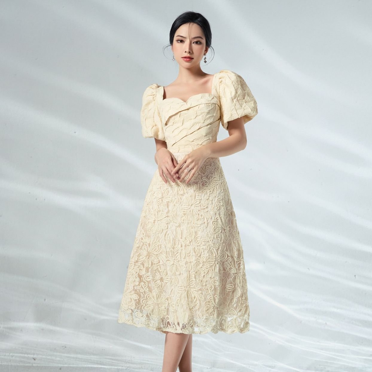 Olv - đầm bertha lace midi dress