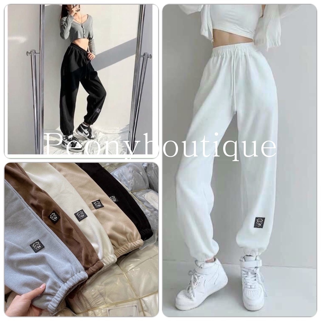 Quần Boom Tăm Logo Icon Bò PEONYB Nữ [FREESHIP] 🌸 Jogger thun nỉ mỏng sweater bo ống năng động cá tính Ulzzang 🌸