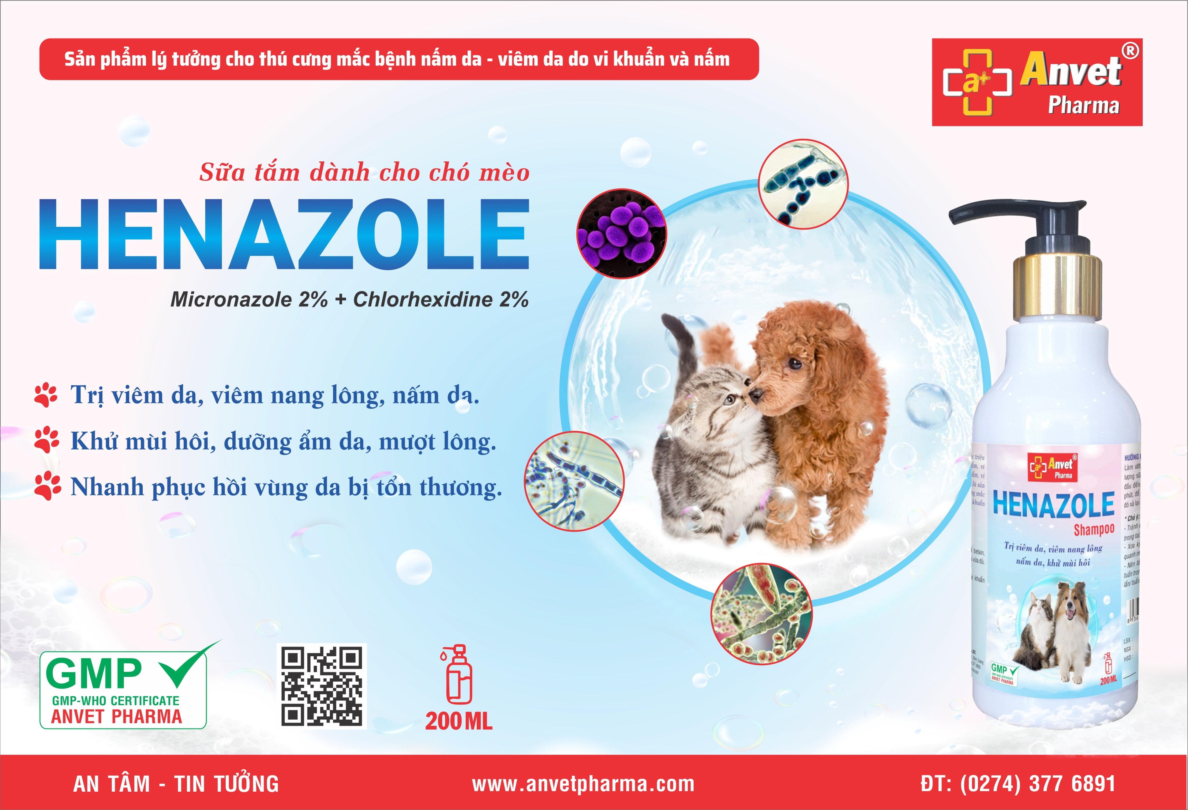 HENAZOLE - Sữa tắm diệt ve, ghẻ, viêm da, viêm nang lông cho chó mèo