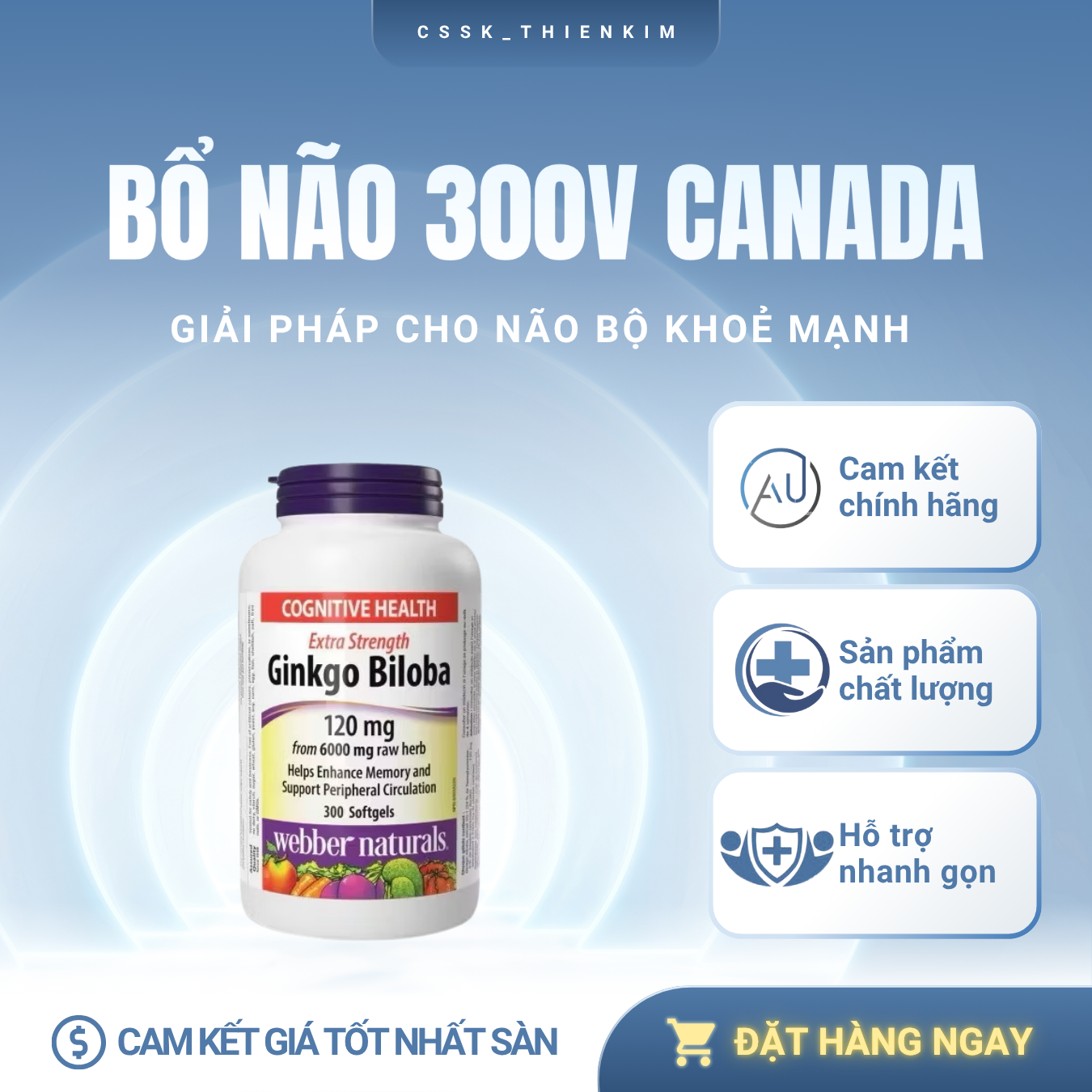 Bổ não Ginkgo Biloba 120mg 300 viên, hoạt huyết dưỡng não hãng Webber Naturals