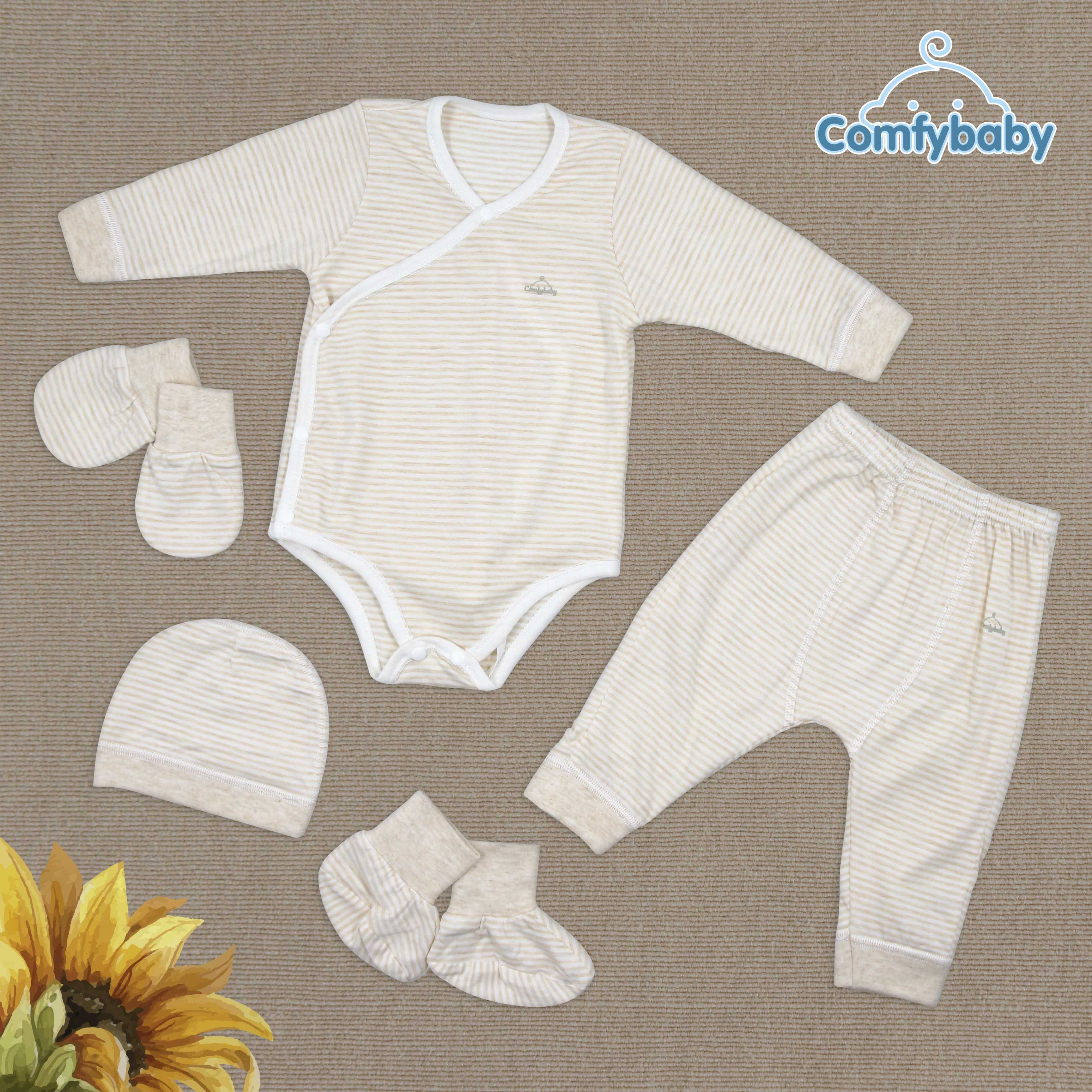 Quần áo cho bé sơ sinh Newborn 5 món 100% Cotton ComfyBaby CF1020-BODY-03M - Quần áo trẻ em cho bé gồm bao tay chân và mũ cao cấp