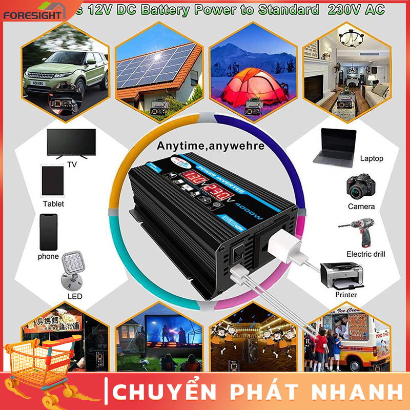 Cod 4000w inverter dc12v-ac220v, kích 12v lên 220v，bộ chuyển đổi điện 12v sang 220v,bộ đổi nguồn 12v - 220v, biến điện 12v ra 220v cho chiếu sáng đèn, quạt, nguồn dự phòng, đồ dùng điện giađình