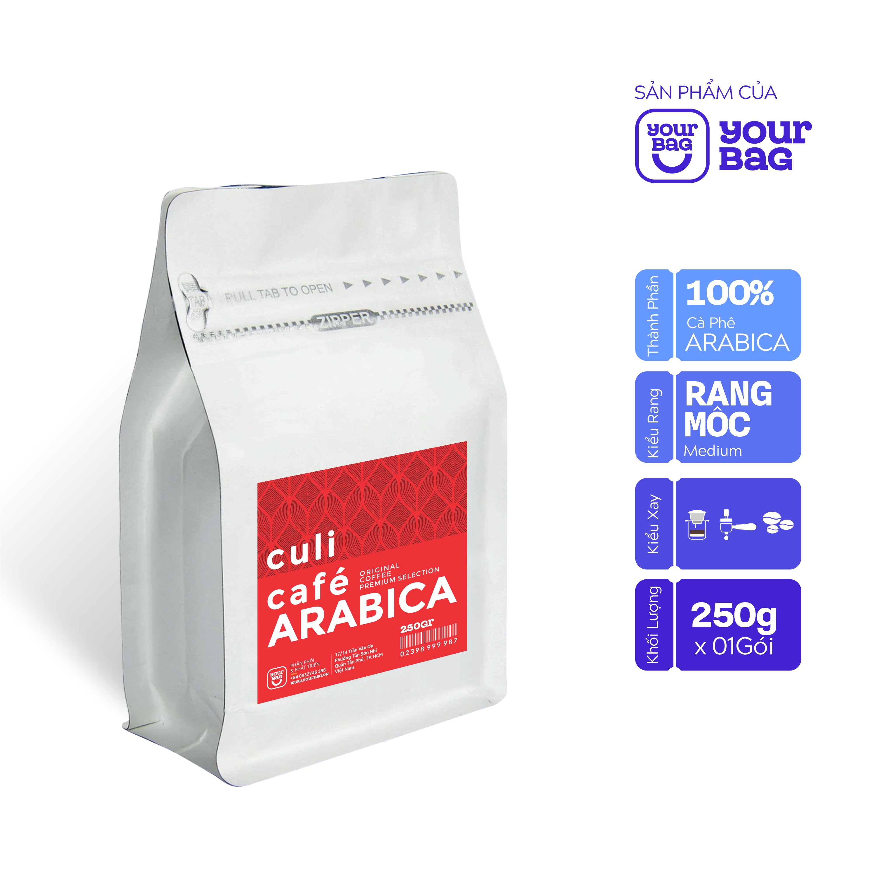 Cà Phê Rang Xay Nguyên Chất Culi Arabica Nguyên Hạt 250g, Hương vị thơm ngon, Gu Cafe Americano, chua nhẹ. Pha phin và pha máy - yourbag Cà Phê