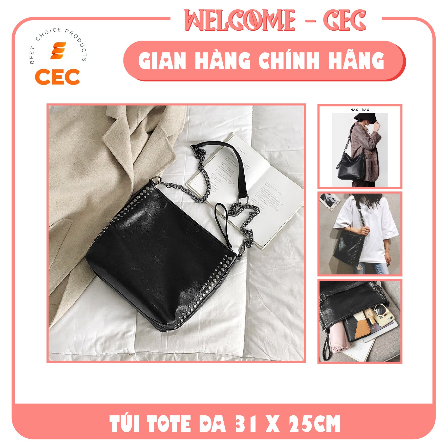 [BIG SALE] Túi Tote Da Cao Cấp Hàn Quốc 2021,Túi Đeo Vai Cho Nữ CEC Rose,KT 31x25cm họa tiết đinh tán và xích trẻ trung năng động
