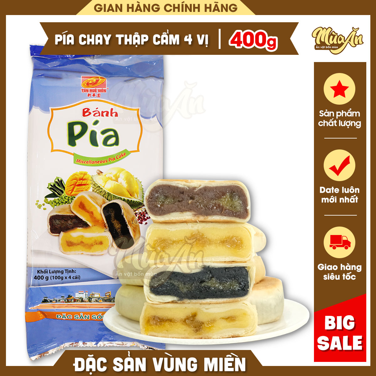Bánh Pía chay thập cẩm 4 bánh 4 vị (mè đen, đậu đỏ, xoài, đậu xanh) 400g, bánh pía không trứng ăn chay, bánh pía 4 vị [TÚI 4 BÁNH]