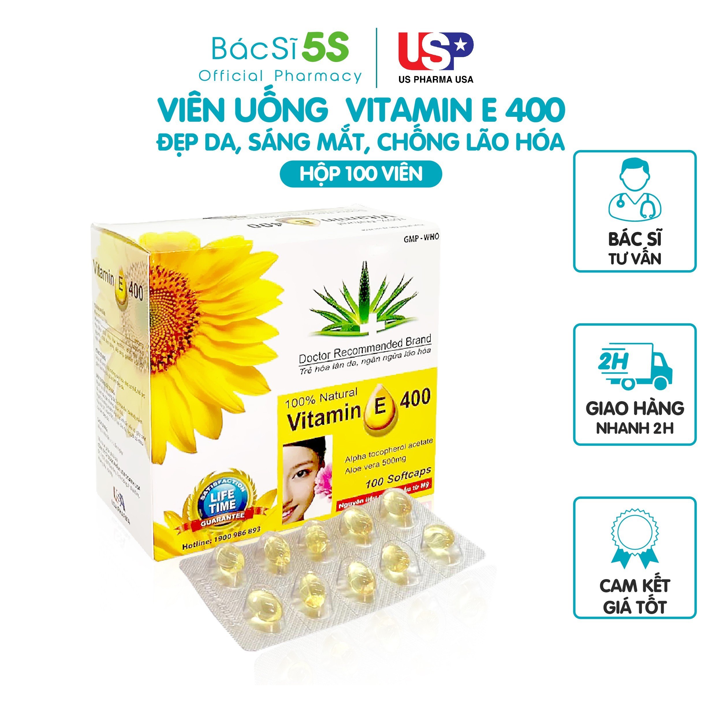 Viên uống Vitamin E dưỡng da làm trắng MediUSA - viên uống sáng da & sáng mắt vitamin e 400
