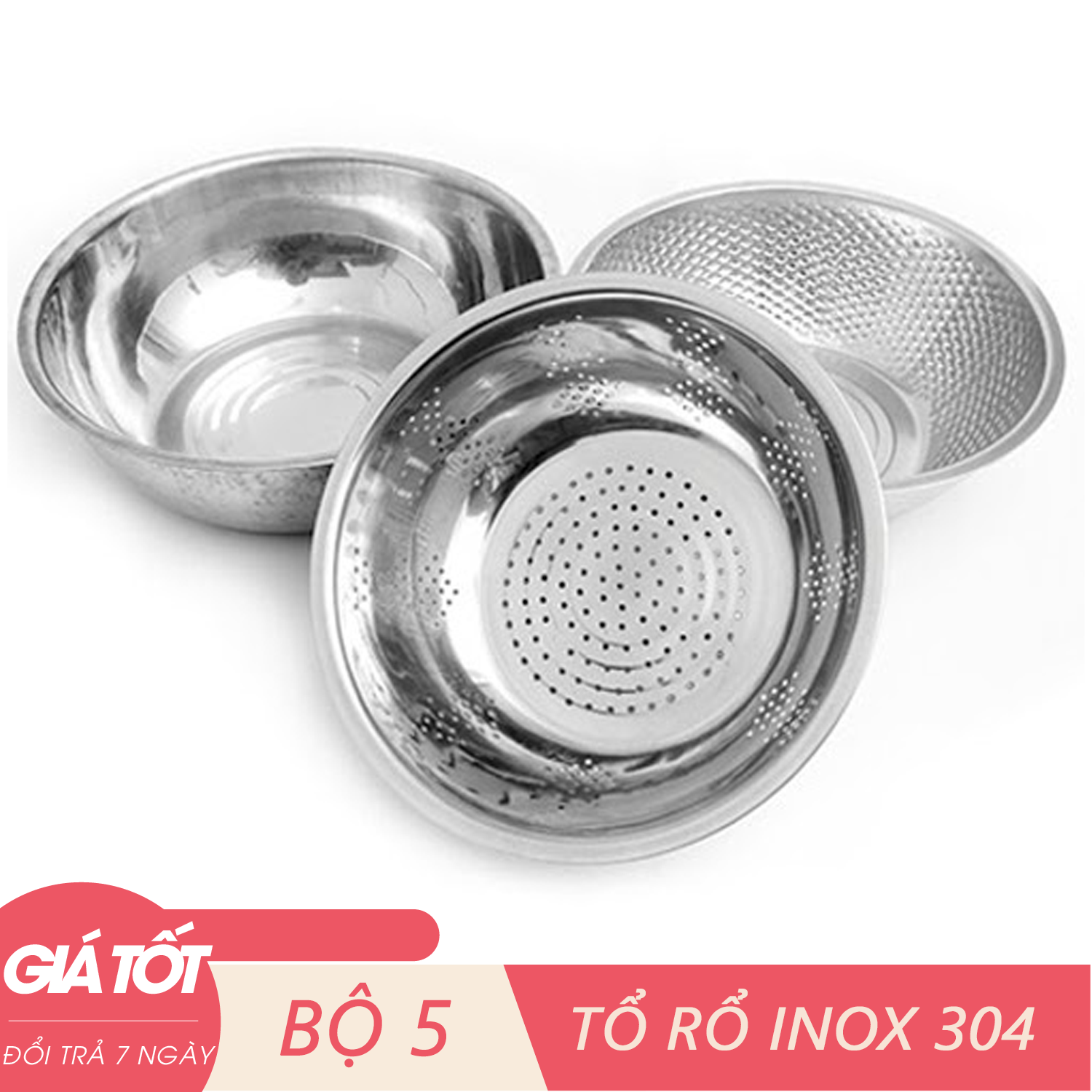 Bộ 5 Thau Rổ rá Inox Cao Cấp Không Gỉ Sáng Bóng - Bộ thau rổ Inox - Thau rổ đa năng  - Thau rổ inox 304