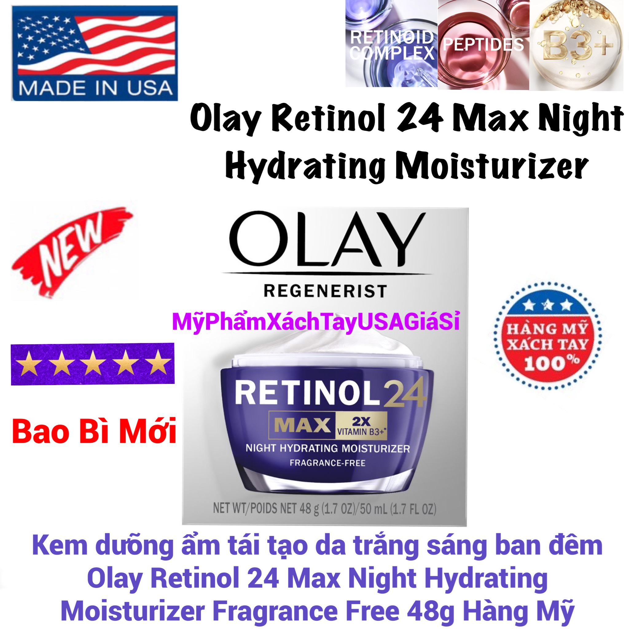 Kem dưỡng ẩm tái tạo da trắng sáng ban đêm Olay Retinol24 MAX Night Cream 48g USA