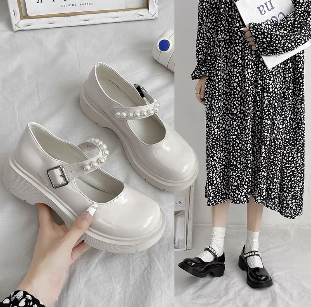 Giày cao gót lolita quai ngọc, Giày cao gót đế vuông cao 5p phong cách tiểu thư_Uy Tín Shop (Hà Nội)