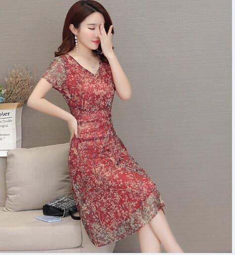 Đầm trung niên voan hoa 2 lớp