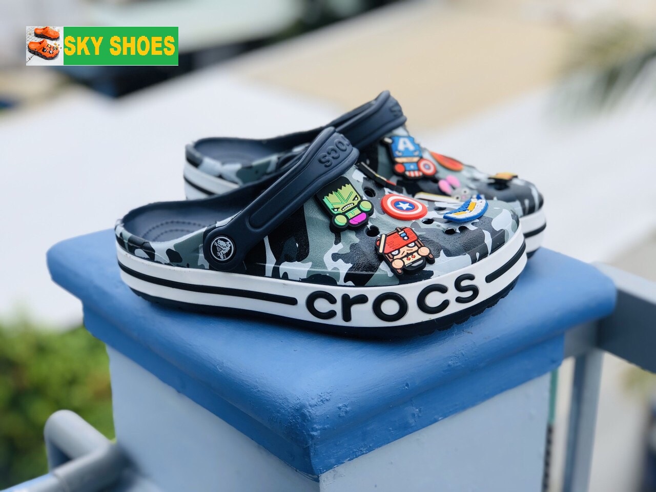 (Tặng hộp + 12 Jitbitz)DÉP QUAI NGANG CROCS BAYA CAMO ĐEN LÍNH -SKY SHOES - dép cá sấu - dép crocs - dép nam - dép nữ - dép sandal nữ-dép saldan nam- dép quai hậu - dép cặp - dép quai ngang