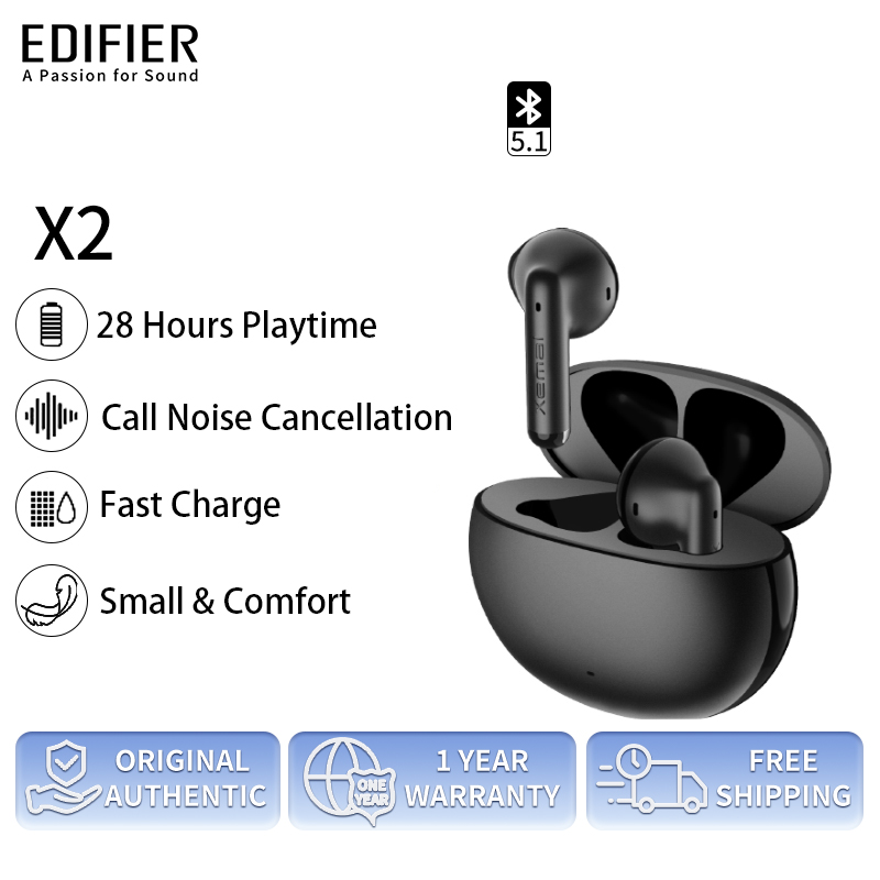 Tai nghe Edifier X2 Bluetooth 5.1 xịn Pin Lên đến 28 giờ Micro hát karaoke Thu âm Nhét tai không dây IP54 Gamming Headphone Giảm tiếng ồn Type-C
