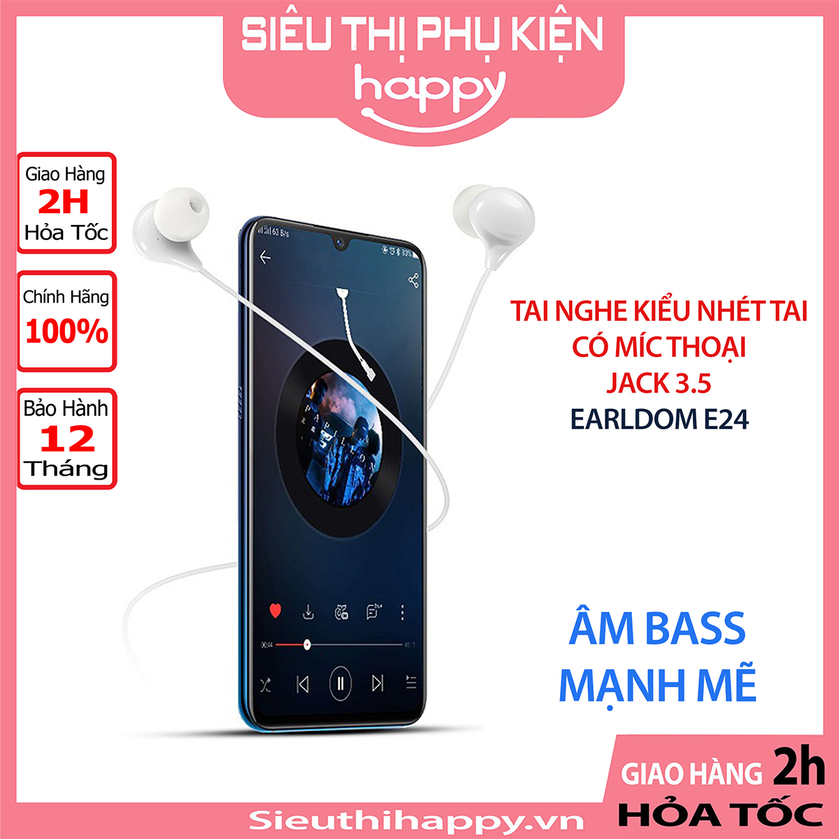 Tai nghe có dây, tai nghe có mic, jack 3.5mm, extra bass, earldom et-e24.