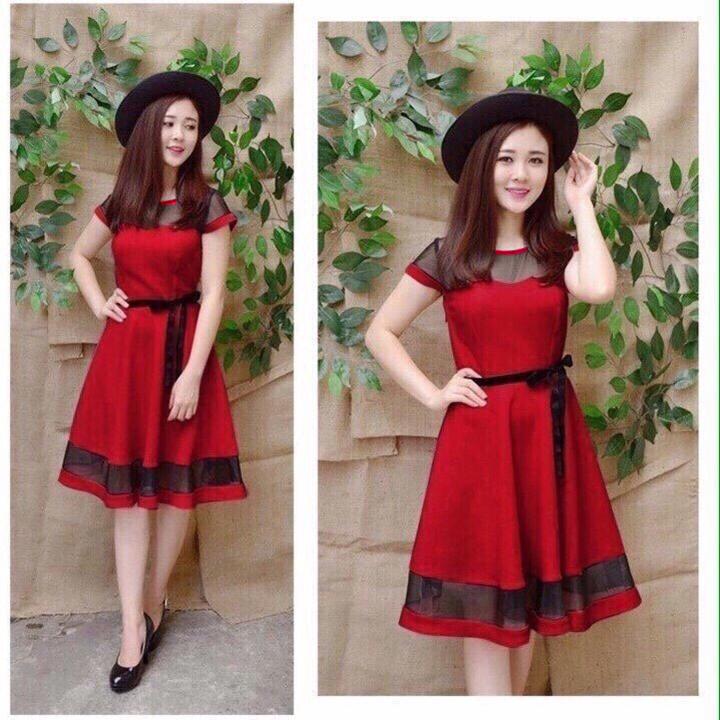 Đầm Xòe Phối Lưới Eo Thắt Dây Dễ Thương