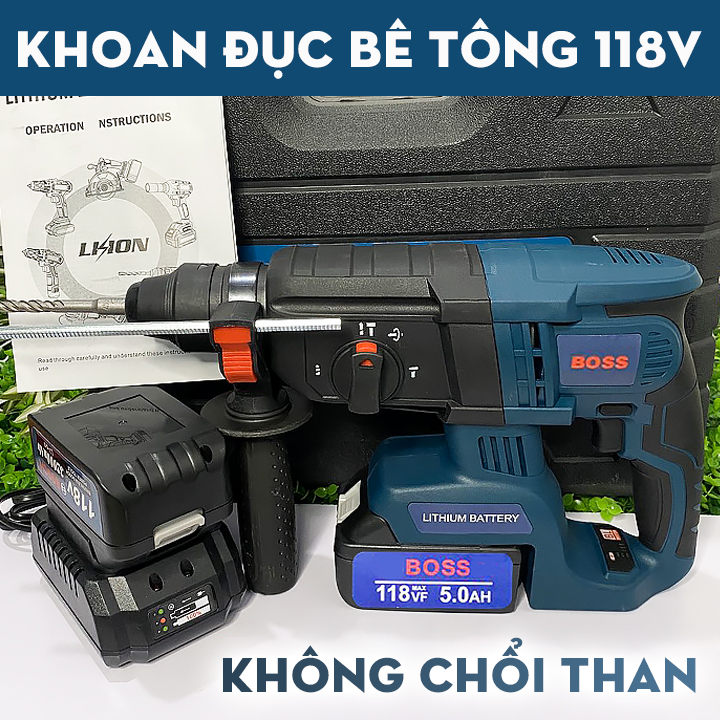Bộ máy khoan đục bê tông dùng pin bosss 118v - khoan bê tông siêu khỏe - máy khoan cầm tay 3 chức năng - khoan bê tông chuyên dụng - máy bắt vít