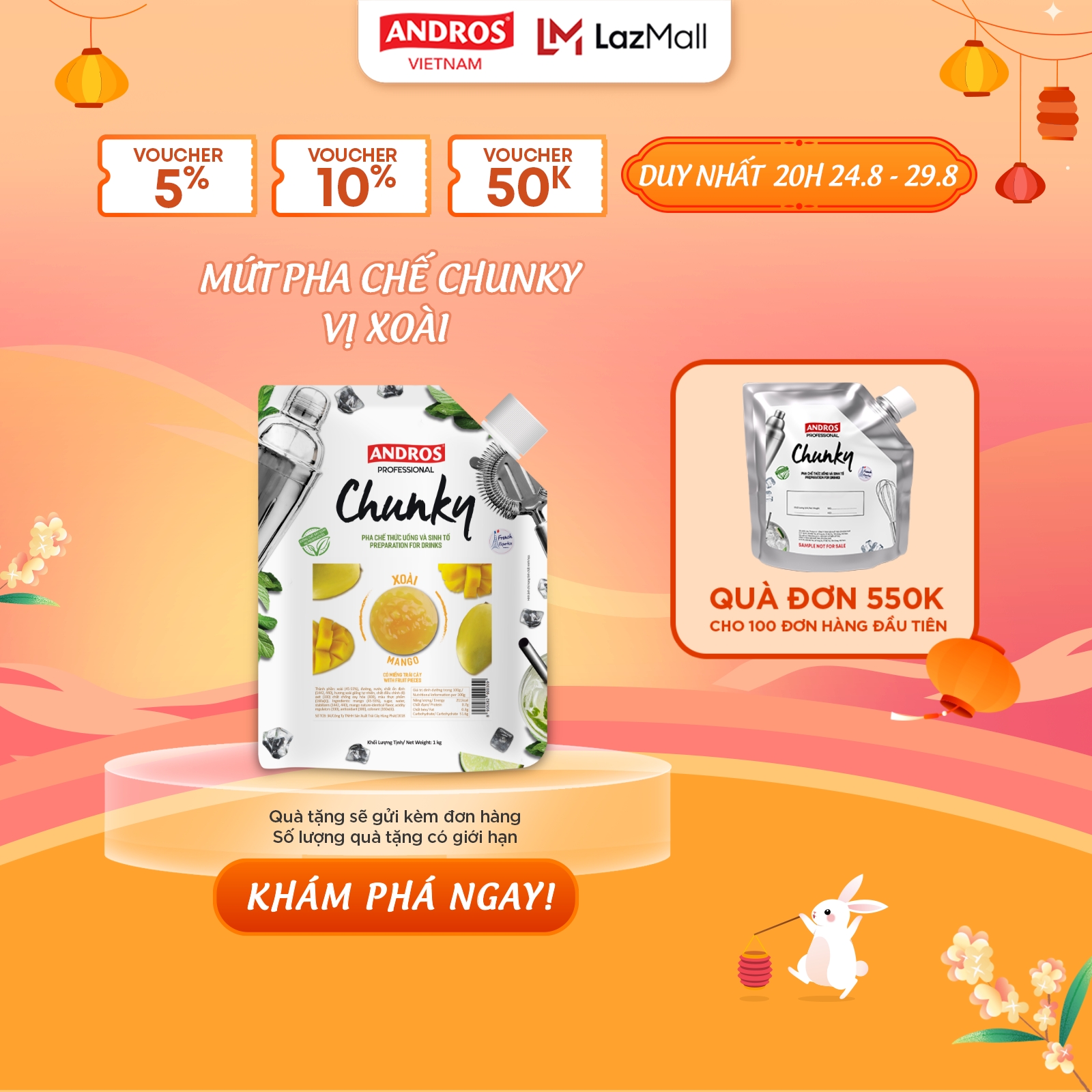 Mứt Trái Cây Pha Chế Xoài - Có miếng trái cây thật - Nguyên liệu pha chế - ANDROS CHUNKY - 1kg