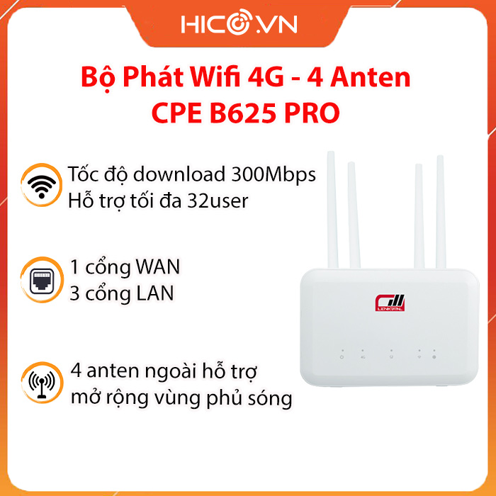Bộ Phát Wifi từ sim 3g 4g- 4 Anten – CPE B625 PRO -Tốc Độ 300Mbps – Hỗ Trợ 32 User