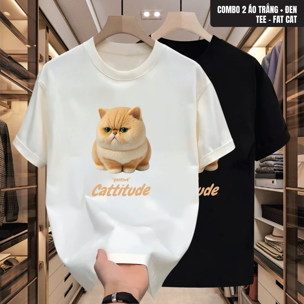 Áo thun cổ tròn nam nữ FAT CAT tay ngắn chất cotton mềm mại, áo thun unisex in họa tiết phong cách thời trang mới