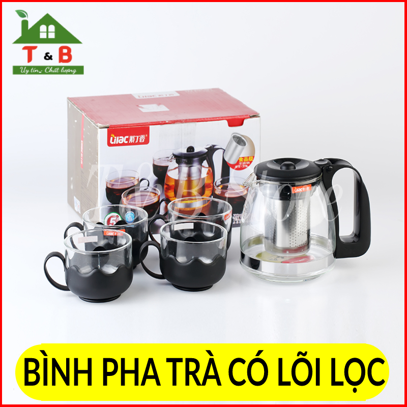 Bộ bình kèm 4 cốc uống trà, cà phê, có lõi lọc bã bằng inox thông minh, có khả năng chịu nhiệt tốt