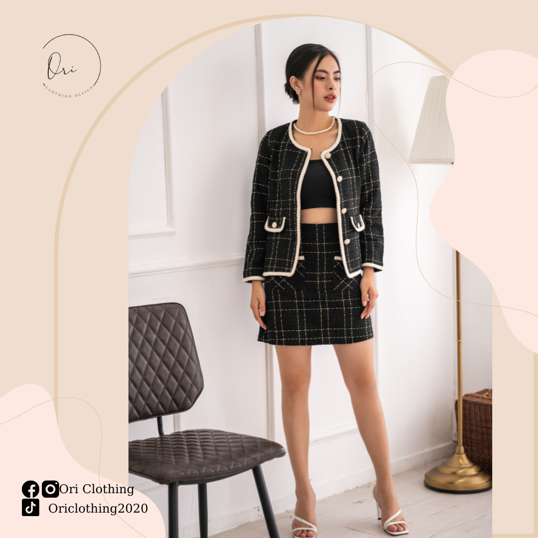 Set áo khoác tay dài  cài nút & váy ôm, vải Tweed ánh kim cao cấp, thiết kế trang trọng, thích hợp mặc đi làm công sở hoặc đi tiệc đám cưới