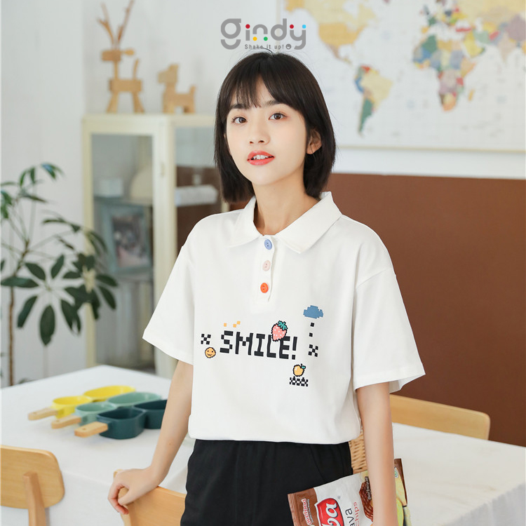 Áo phông nữ polo GINDY Smile áo thun nữ cổ bẻ cotton tay lỡ basic phong cách unisex thời trang Hàn Quốc A8108