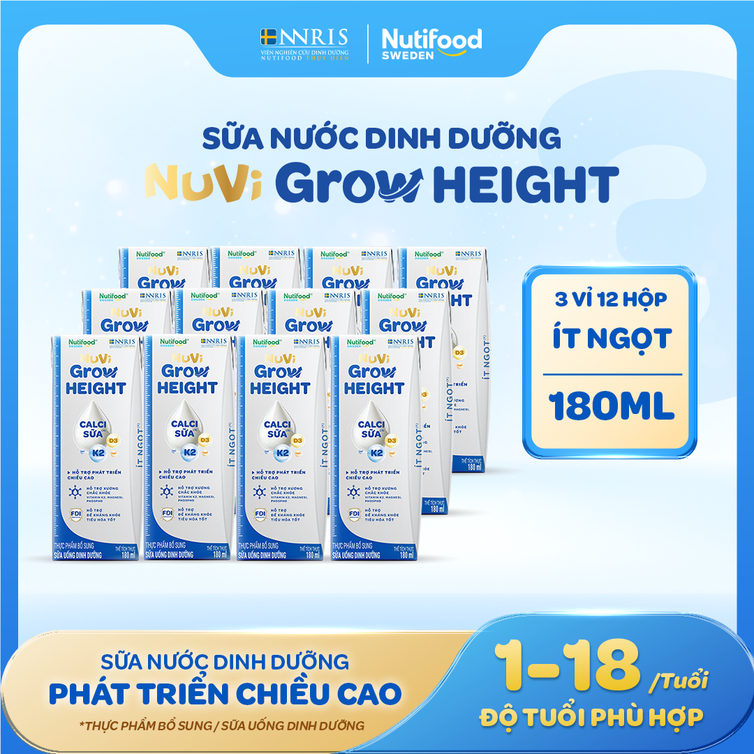Sữa Nước Nuvi Grow Height (12 Hộp 180m Ít Ngọt ) - Hỗ Trợ Phát Triển Chiều Cao