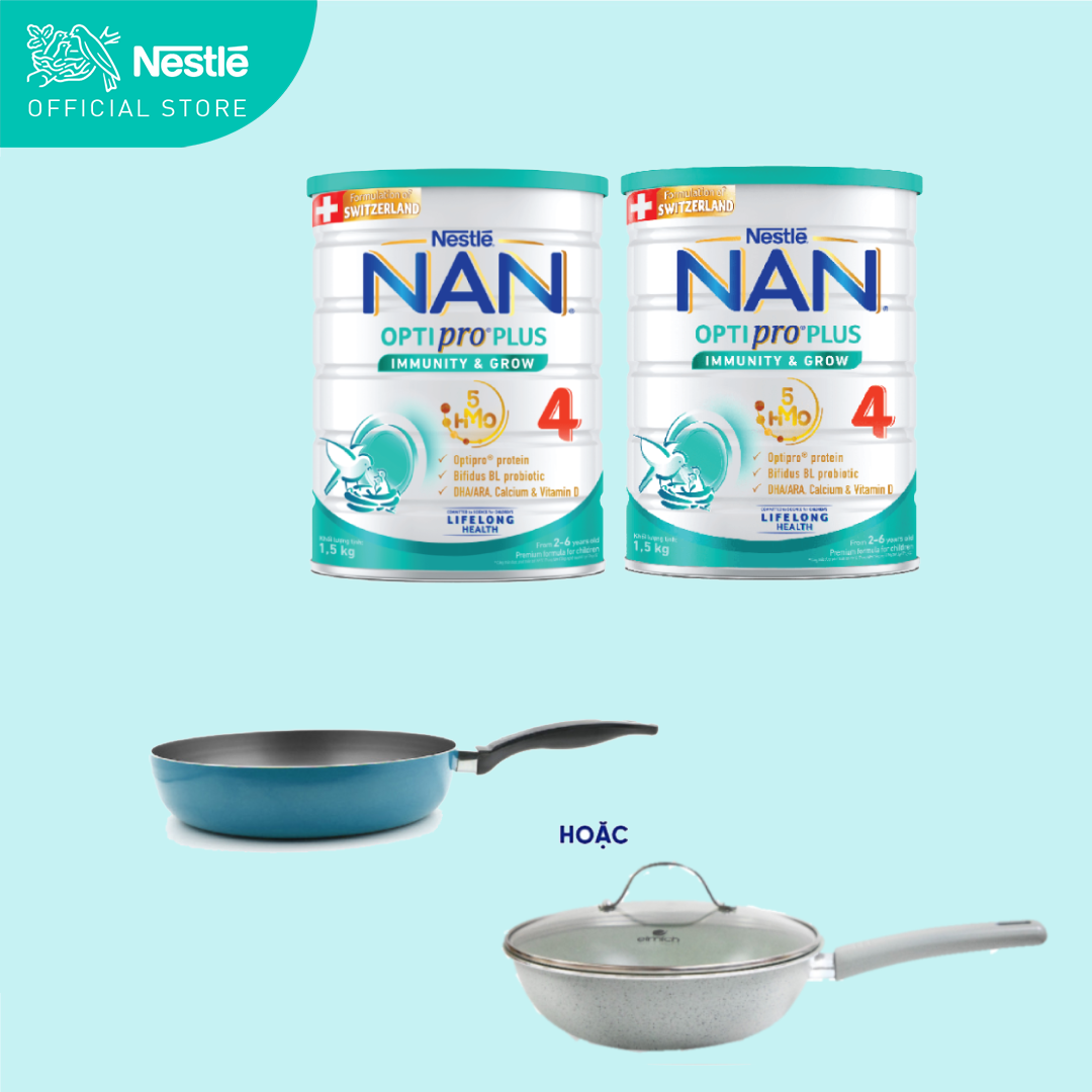Bộ 2 lon Sữa bột Nestlé NAN OPTIPRO PLUS 4 1500g/lon với 5HMO Giúp tiêu hóa tốt + Tăng cường đề kháng + Tặng Chảo Elmich