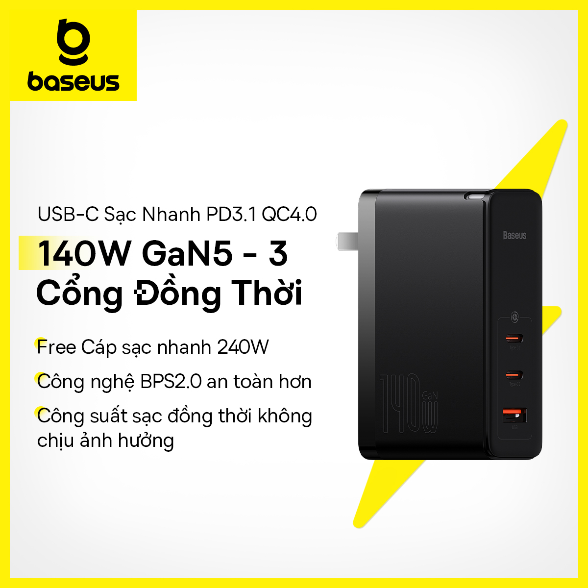 Củ sạc baseus 140w gan5 usb c sạc nhanh pd3.1 qc4.0 ba cổng sạc điện thoại máy tính xách tay