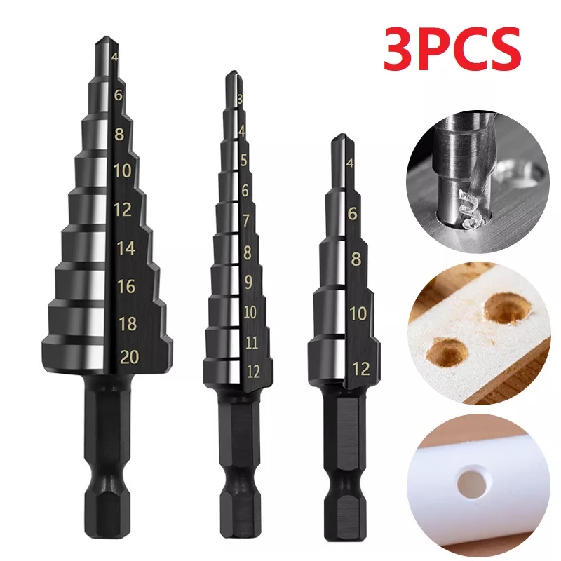 Bộ 3 mũi khoan tháp, mũi khoan bước thép gió HSS chuôi lục giác