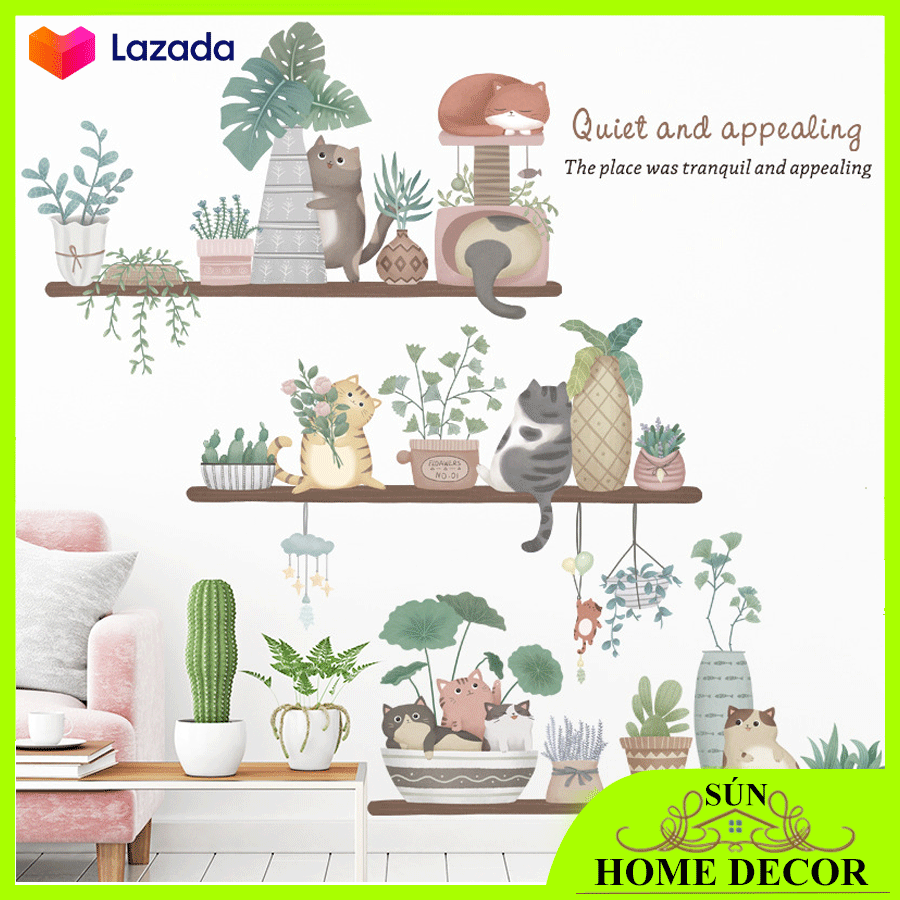 [HÀNG ĐẸP]Decal dán tường nhiều chi tiết chậu cây và mèo dễ thương khổ lớn, giấy dán trang trí tường nhà chống thấm nước mang lại không gian đẹp hơn cho ngôi nhà của bạn
