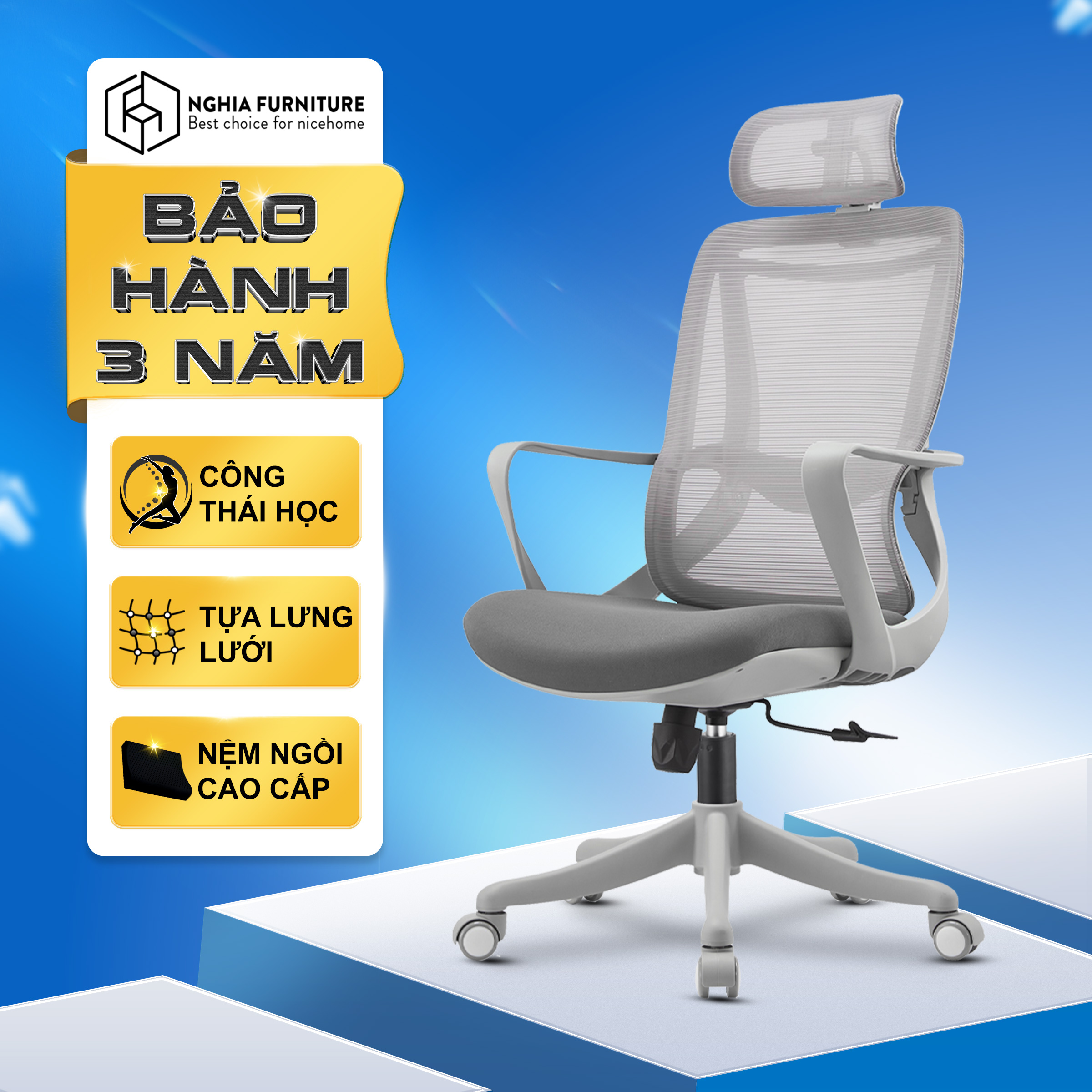 Ghế văn phòng công thái học Nghiafurniture Niko Nâng hạ ngả lưng nệm cao su cao cấp bảo hành 3 năm