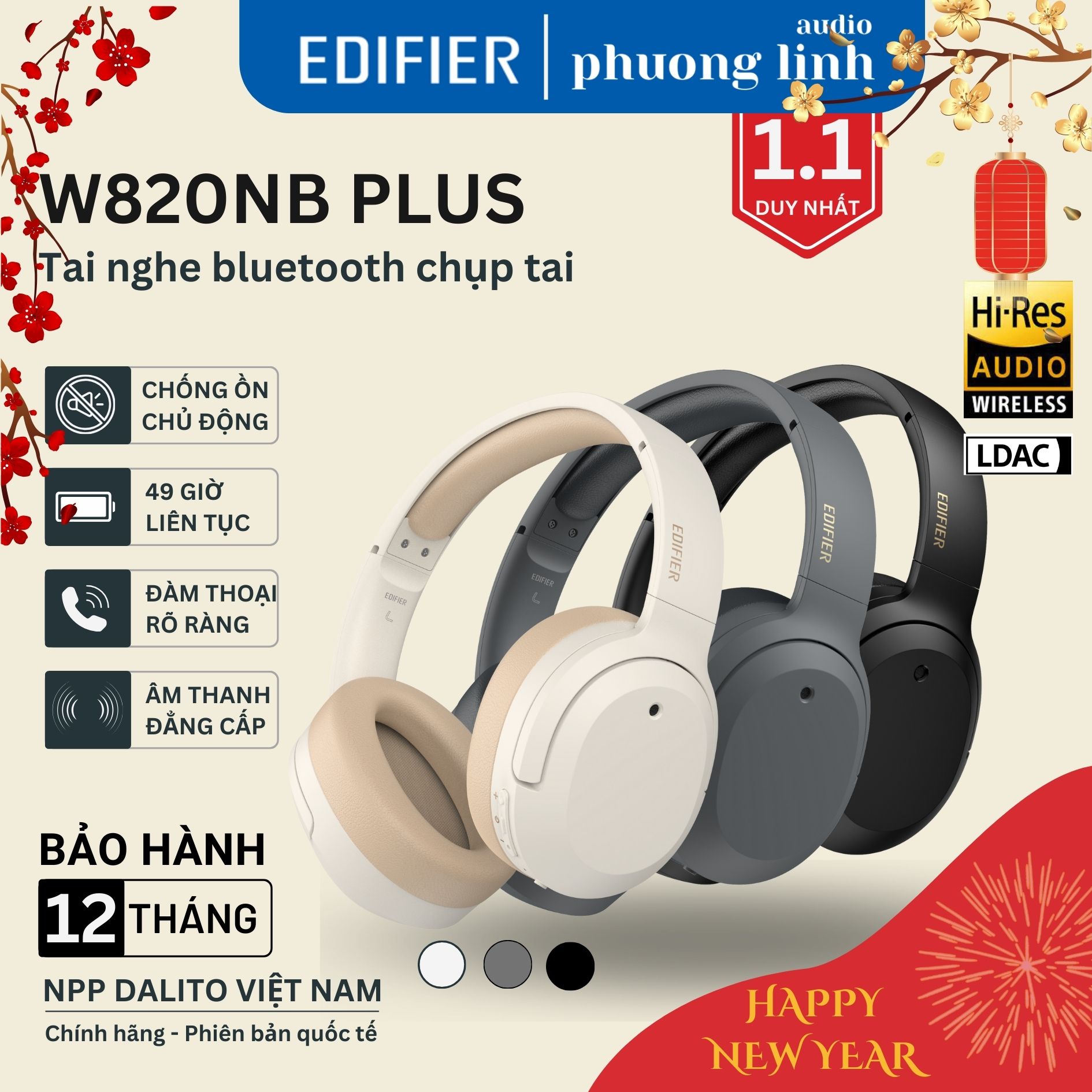 Tai nghe EDIFIER W820NB/W820NB Plus bluetooth không dây chụp tai HIRES Audio Gaming pc Chống ồn chủ động Đàm thoại tốt Pin 49 giờ Đeo lâu thoải mái- Bảo hành 12 tháng - Phiên bản quốc tế - Bảo hành 12 tháng - Đổi mới trong 30 ngày