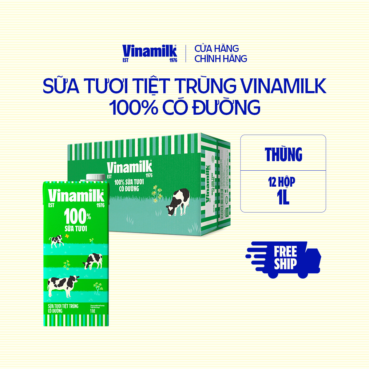 Thùng 12 Hộp Sữa tươi tiệt trùng Vinamilk 100% Có đường Hộp giấy 1L